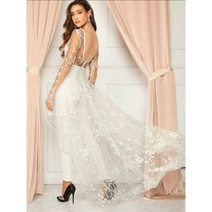 Scoop back jumpsuit with embroidered skirt cape